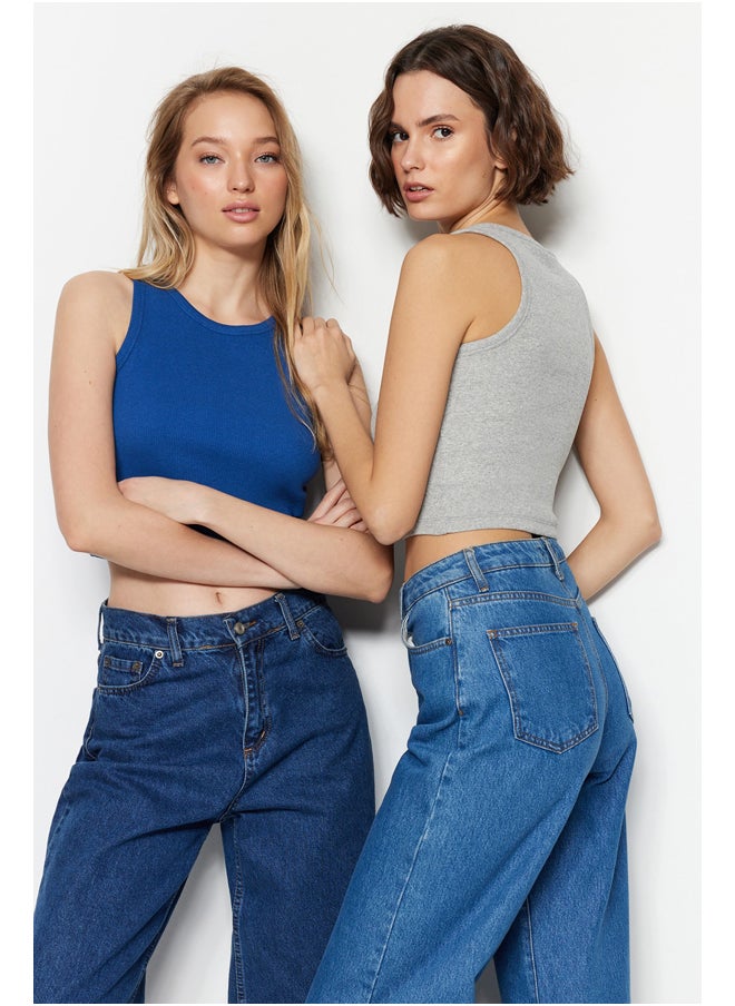trendyol Navy Blue-Grey 2-Pack Fitted Crop Halter Neck Ribbed Elastic Knitted Undershirt TWOSS21AL0058  - Image 1