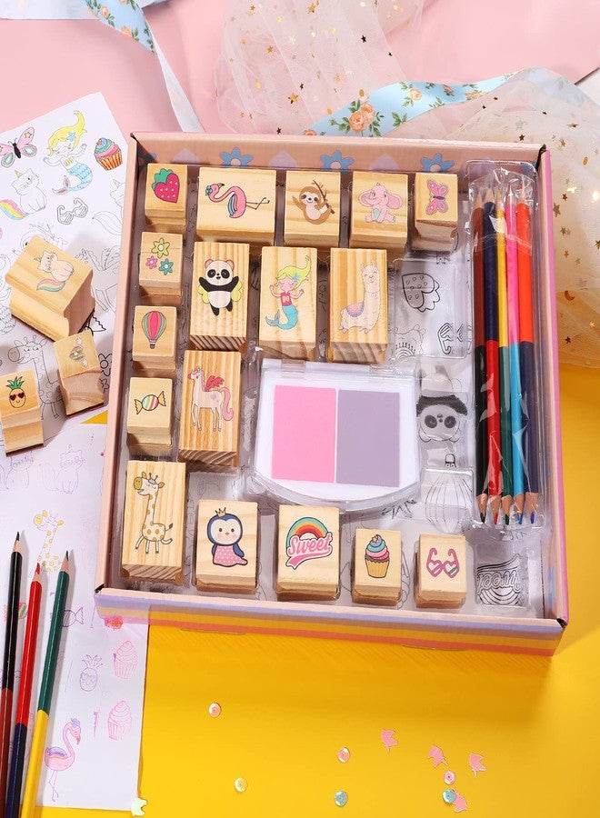 YOYTOO Unicorn Wooden Stamp and Sticker Set for Girls, Unicorn, Mermaid, Panda, Alpaca, Sloth, Cats, Rainbow, Butterfly Stamps, Activity Craft Set for Girls Boys Kids Gift Ages 4 5 6 7 8 9 10 Years Old - Image 2