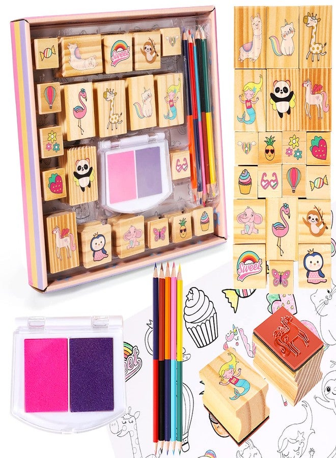 YOYTOO Unicorn Wooden Stamp and Sticker Set for Girls, Unicorn, Mermaid, Panda, Alpaca, Sloth, Cats, Rainbow, Butterfly Stamps, Activity Craft Set for Girls Boys Kids Gift Ages 4 5 6 7 8 9 10 Years Old - Image 1