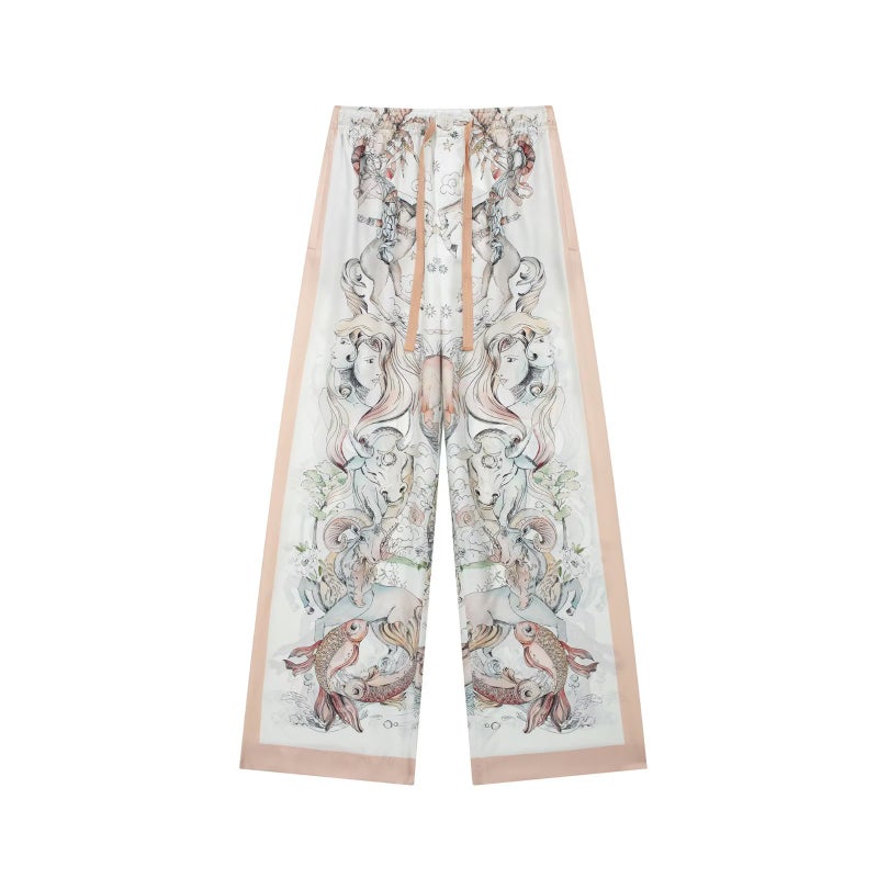 2023 Summer Satin Print Loose Womens Shirt  Pants Set 8458 color matching pants 