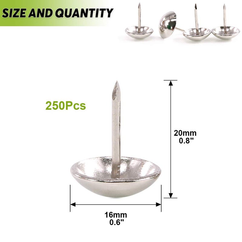 Keadic 250Pcs 5/8" (16mm) Antique Upholstery Tacks Furniture Nails Pins Assortment Kit for Upholstered Furniture Cork Board or DIY Projects - Silver - Image 2