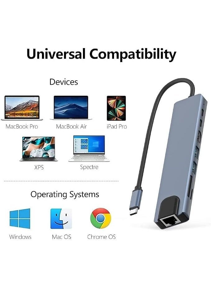 أفينترو موزع USB-C متعدد المنافذ (8 في 1) يدعم تقنية PD للشحن السريع، ويحتوي على منافذ HDMI بدقة 4K، وUSB-C، وEthernet، ومنفذي USB، وقارئ بطاقات SD/TF؛ متوافق مع أجهزة MacBook Pro وXPS وغيرها من الأجهزة المزودة بمنفذ Type-C. - Image 2