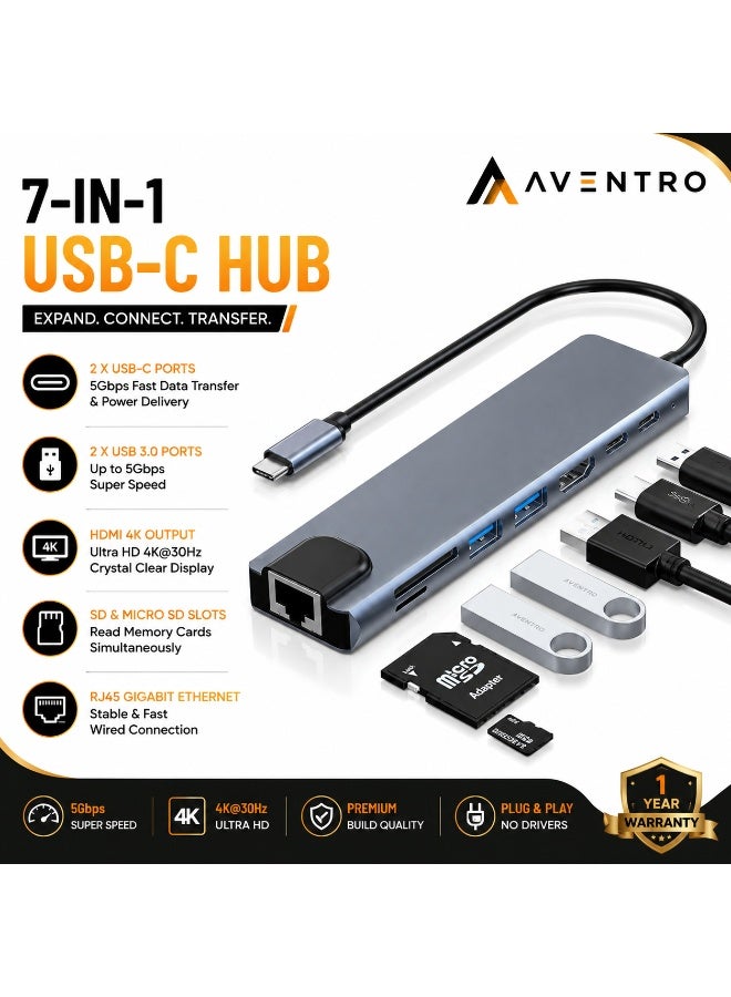 أفينترو موزع USB-C متعدد المنافذ (8 في 1) يدعم تقنية PD للشحن السريع، ويحتوي على منافذ HDMI بدقة 4K، وUSB-C، وEthernet، ومنفذي USB، وقارئ بطاقات SD/TF؛ متوافق مع أجهزة MacBook Pro وXPS وغيرها من الأجهزة المزودة بمنفذ Type-C. - Image 1