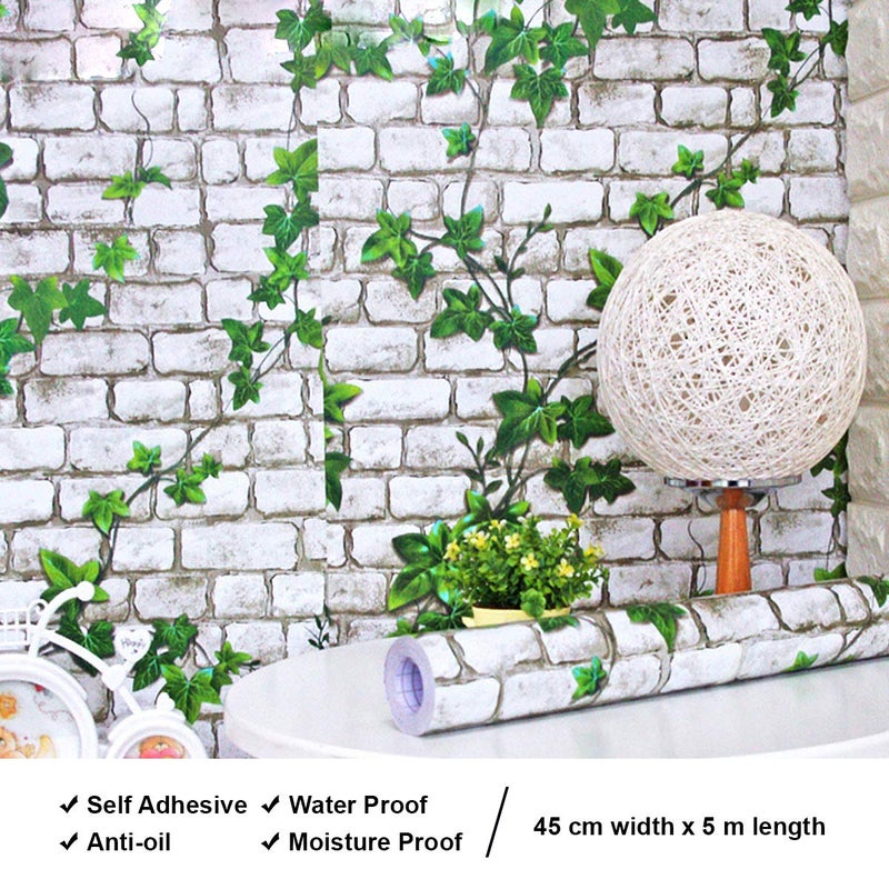 wolpin ملصقات حائط وولبين DIY ورق جدران (45 × 500 سم) 3D طوب لبلاب ذاتي اللصق من PVC فينيل، لبلاب أبيض - Image 3