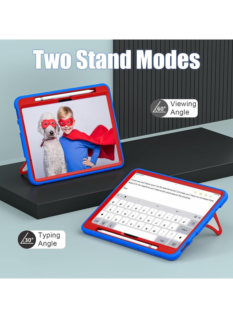 Kids Case for iPad Air 11-inch M2 (2024) with Pencil Holder, Durable Shockproof Rugged Protective Stand Kids Case for iPad Air 6th Generation 11 Inch Case M2 2024 (Blue/red) - Image 3