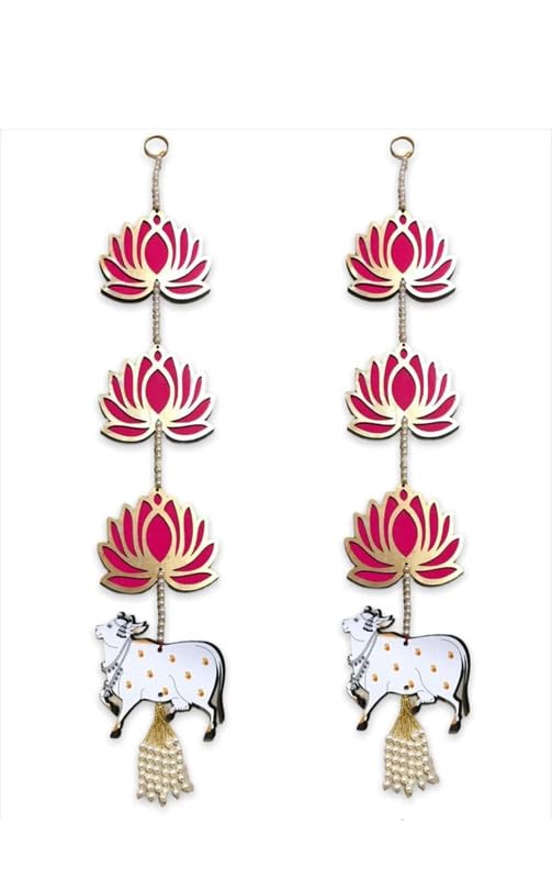 V FASHION JEWELLERY V FASHION JEWELLERY MDF Acrylic Lotus and Cow Door Wall Hanging Door Side Hanging Toran Toran Red Color Pack of 2 