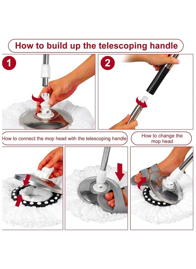 INFLUX Spin Mop and Bucket with Stainless Steel Basket-360° Spinning Mop, Floor Cleaning Mop Set, 2 100% MICROFIBER Mop Heads, Squeegee, and Adjustable Handle–Perfect for Kitchen, Bathroom Home  - Image 5
