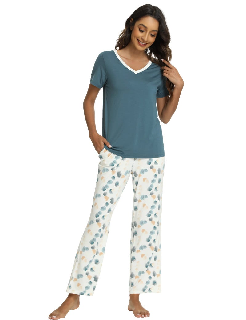GYS Womens Bamboo Viscose Pajamas Set Super Soft Short Sleeve V Neck Top and Pants Pj Sleepwear Sets, Green, Medium - Image 2