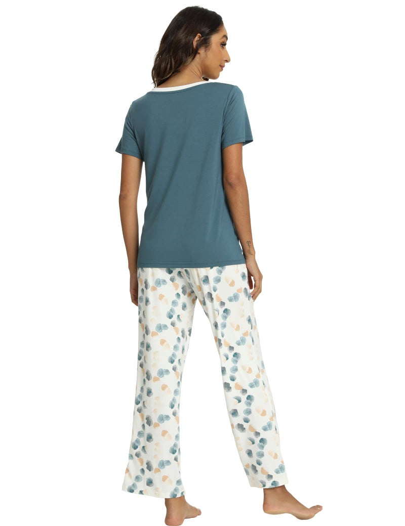 GYS Womens Bamboo Viscose Pajamas Set Super Soft Short Sleeve V Neck Top and Pants Pj Sleepwear Sets, Green, Medium - Image 1