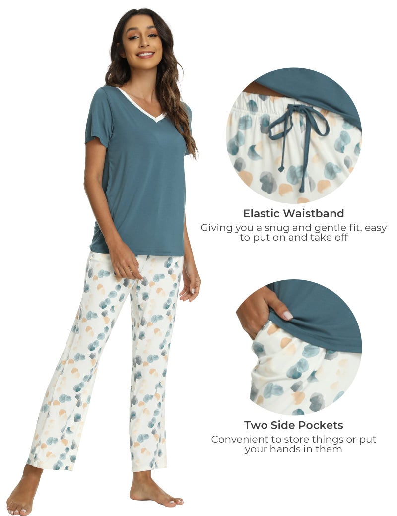 GYS Womens Bamboo Viscose Pajamas Set Super Soft Short Sleeve V Neck Top and Pants Pj Sleepwear Sets, Green, Medium - Image 4