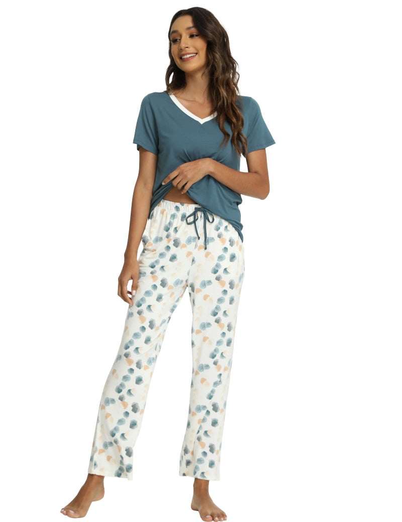 GYS Womens Bamboo Viscose Pajamas Set Super Soft Short Sleeve V Neck Top and Pants Pj Sleepwear Sets, Green, Medium - Image 3