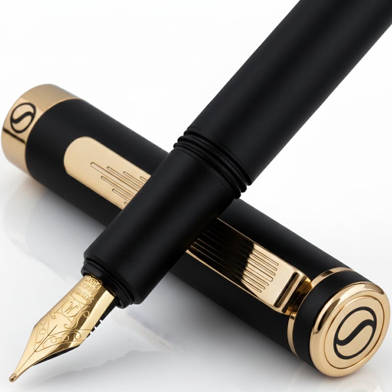 Scriveiner Luxury EDC Fountain Pen (Medium), Stunning Luxury Black Pocket Pen, Real Gold Plating, Schmidt Gilded Nib, Converter, Best Writing Gift Set for Men & Women, Nice Fancy Office Designer Pen - Image 1