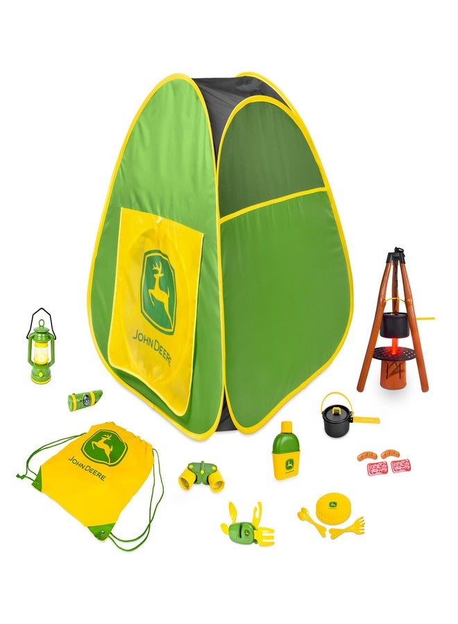 John Deere Pop-Up Camping Tent, 18 Piece Set Includes Canteen, Plates, Utensils, Play Food, Pots, Binoculars, Lantern, and Flashlight, Indoor and Outdoor Play - Image 1
