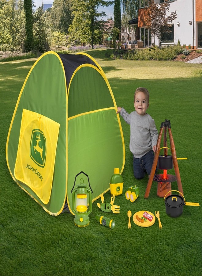 John Deere Pop-Up Camping Tent, 18 Piece Set Includes Canteen, Plates, Utensils, Play Food, Pots, Binoculars, Lantern, and Flashlight, Indoor and Outdoor Play - Image 2