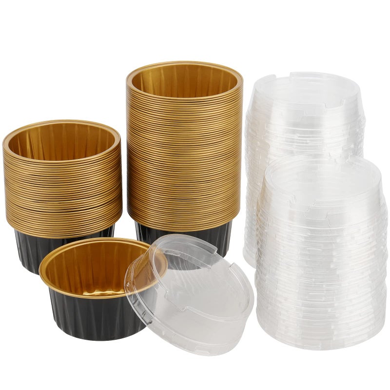 MANCHAP 100 Pack 4oz Aluminum Foil Cups with Lids 125ml Pie Tins Round Cupcake Baking Cup for Home Party Wedding