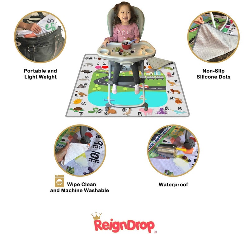 ReignDrop 54" XL Splat Mat for Under High Chair- Creative Design for Art Floor Cover, Food Spills for Baby or Toddler. Non Slip, Waterproof, Machine Washable, Durable, Reusable (Fun and Educational) - Image 4