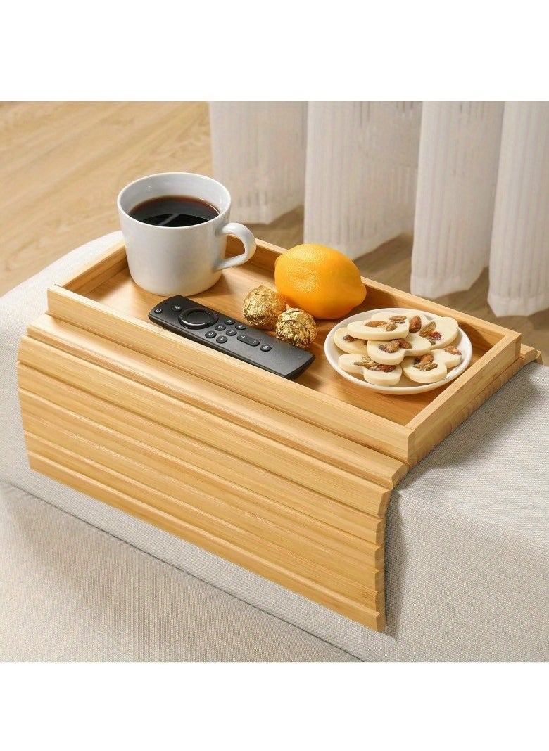 Generic - Bamboo sofa armrest tray, foldable beverage and snack cup placement tray, wooden sofa breakfast tray. - Image 1