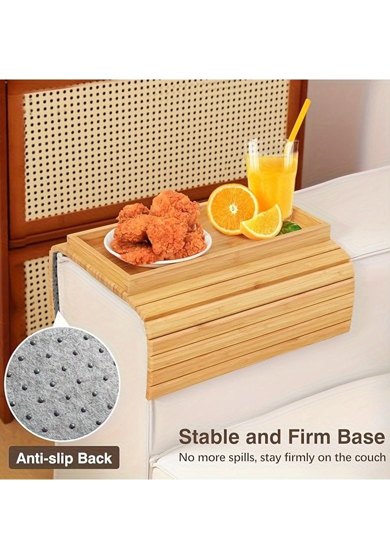 Generic - Bamboo sofa armrest tray, foldable beverage and snack cup placement tray, wooden sofa breakfast tray. - Image 1