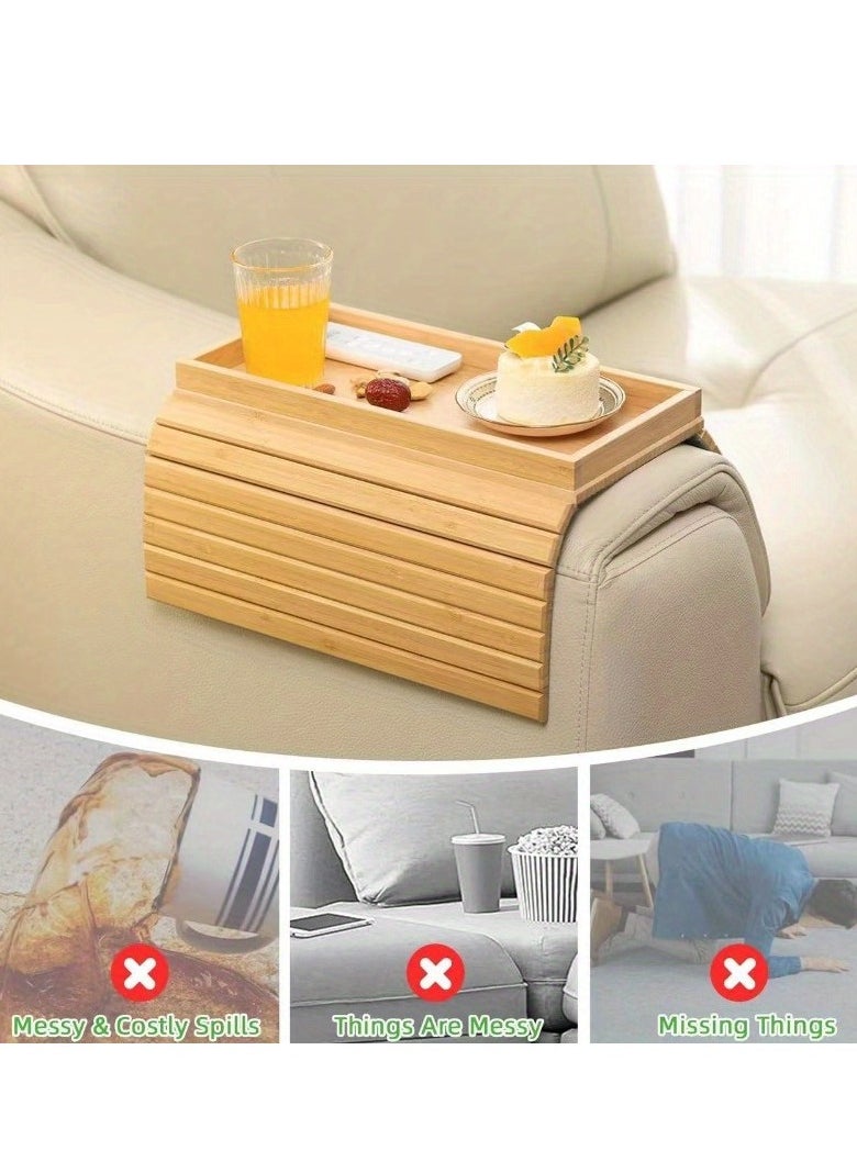 Generic - Bamboo sofa armrest tray, foldable beverage and snack cup placement tray, wooden sofa breakfast tray. - Image 1