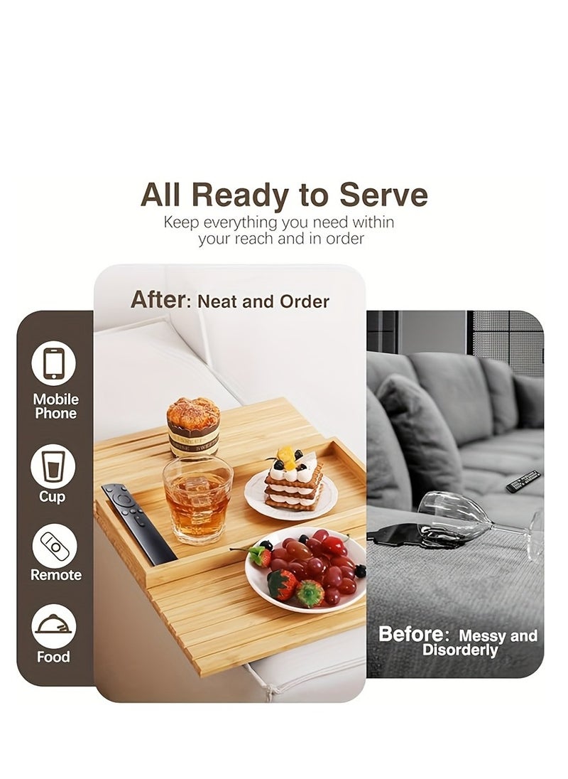 Generic - Bamboo sofa armrest tray, foldable beverage and snack cup placement tray, wooden sofa breakfast tray. - Image 1