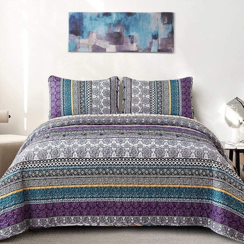 WONGS BEDDING WONGS BEDDING Boho Quilt Set Queen Size Purple Bohemian 3 Pieces Quilt Sets Lightweight Bedspread Coverlet Bedding Set for All Season 96x90 