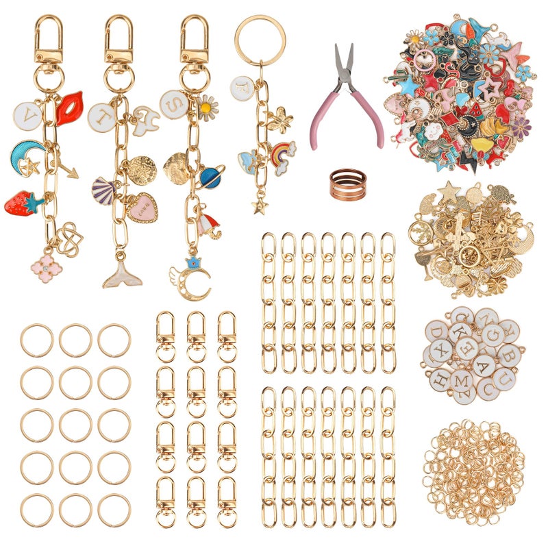 Starry 348Pcs Keychain Making Kit Bag Charm Kit 126 Charms 20 Keychain Clips with Key Ring Jewelry Plier,30 Extender Chain Swivel Snap Hooks Gold Charms 150 Jump Ring DIY Craft Supplies - Image 1