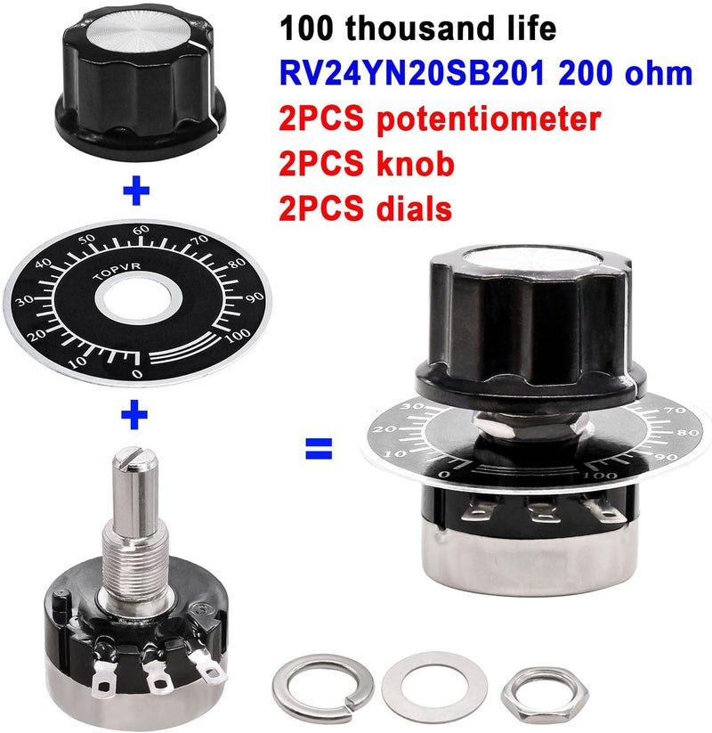 Taiss /2pcs RV24YN20S Potentiometer 200 ohm Single Turn Carbon Film Rotary Taper Potentiometer Used for Inverter speed regulation. Motor speed control + 2pcs A03 knob + 2pcs dials (B201 200 ohm) - Image 2