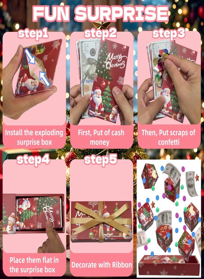 JINSTABAG Christmas Surprise Gift Box Explosion for Money, DIY Folding Bouncing Explosion Gift Box with Confetti, Money Gift Boxes for Cash Pop Up (Red) - Image 5