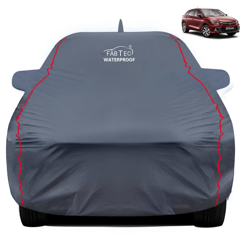 FABTEC Waterproof Premium Car Cover for Toyota Glanza with Mirror and Antenna Pocket Super Waterproof Car Body Cover Heavy Duty Durable Peva Grey with Red Piping - Image 1