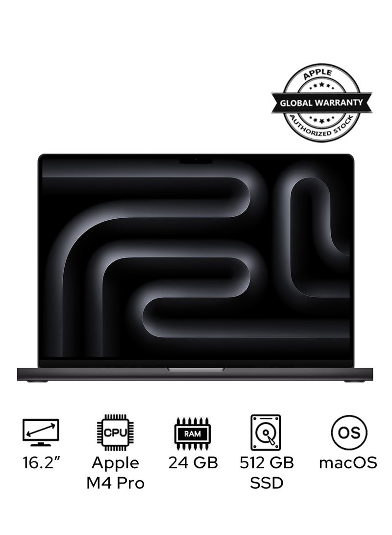 ابل  ماك بوك برو MX2X3 بشاشة 16.2 بوصة، معالج M4 Pro رباعي النواة، معالج رسوميات عشروني النواة | ذاكرة وصول عشوائي 24 جيجابايت | قرص صلب SSD بسعة 512 جيجابايت | نظام macOS | الإنجليزية/العربية | أسود فضائي الإنجليزية/العربية - Image 1