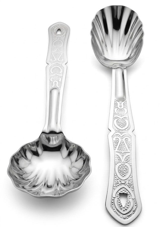 EvoFlex Decorative Serving Spoons Set, Shell-Shaped Bowl, Embossed Flower Handle Design, Stainless Steel, Set of 2 Heavy Gauge Non-Stick,1 Soup Ladle (Karchi),1 Solid Spoon (Chamcha)- 27L x 7W CM - Image 1