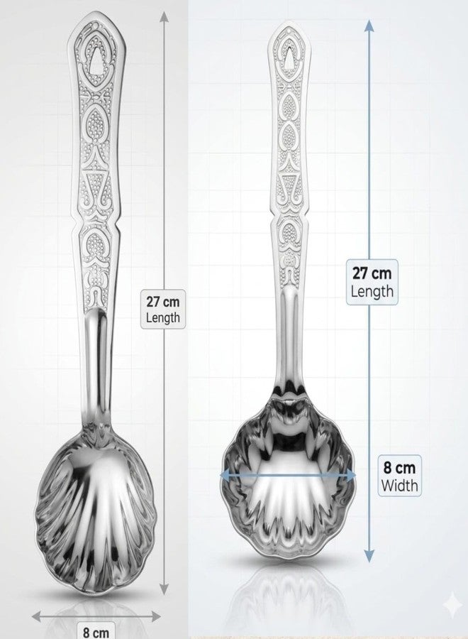 EvoFlex Decorative Serving Spoons Set, Shell-Shaped Bowl, Embossed Flower Handle Design, Stainless Steel, Set of 2 Heavy Gauge Non-Stick,1 Soup Ladle (Karchi),1 Solid Spoon (Chamcha)- 27L x 7W CM - Image 5