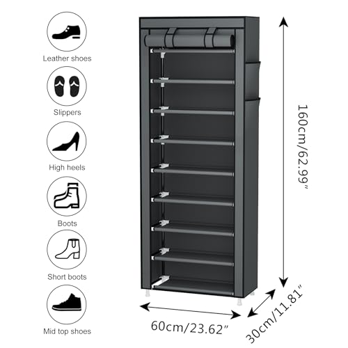 Calmootey 9 Tier Shoe Rack Organizer,Portable Shoe Shelf with Nonwoven Fabric Cover for Closet Hallway,Bedroom,Entryway,Grey - Image 3