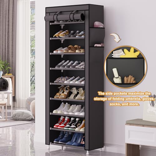 Calmootey 9 Tier Shoe Rack Organizer,Portable Shoe Shelf with Nonwoven Fabric Cover for Closet Hallway,Bedroom,Entryway,Grey - Image 4