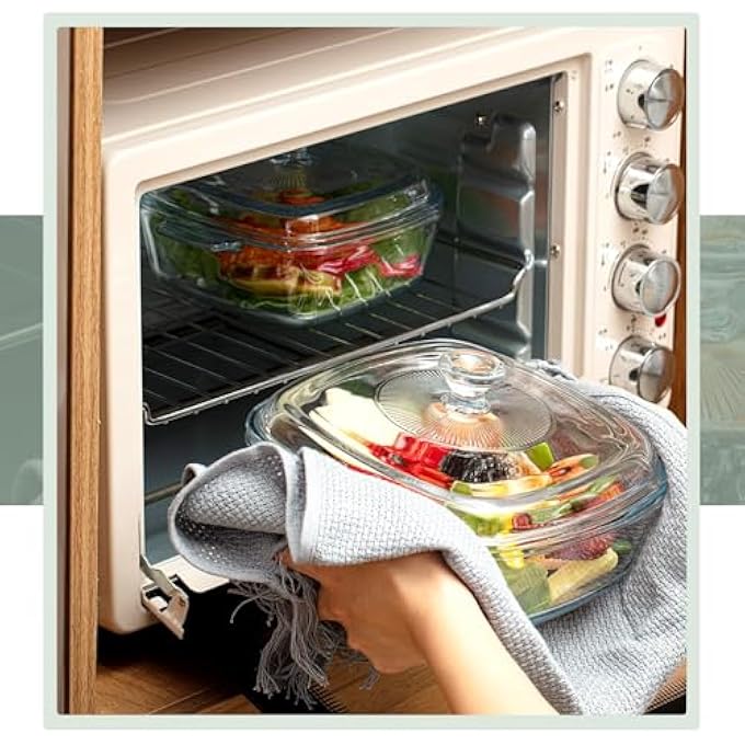 rayihni 2 Pieces Glass Casserole Dish With Lid Baking Casserole Dish Covered Cookware Microwave Bowls With Handle For Kitchen Restaurant Home Party Cooking Oven Safe Square 08L 15L - Image 2
