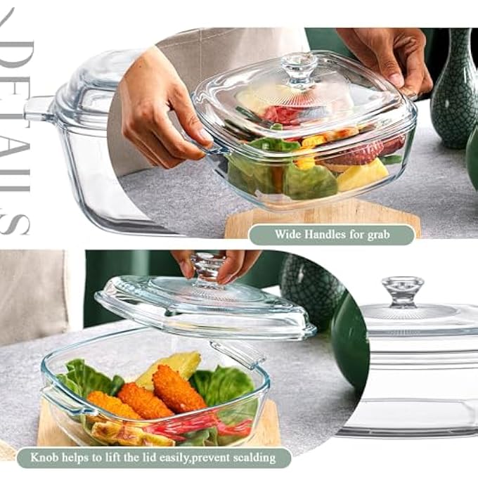 rayihni 2 Pieces Glass Casserole Dish With Lid Baking Casserole Dish Covered Cookware Microwave Bowls With Handle For Kitchen Restaurant Home Party Cooking Oven Safe Square 08L 15L - Image 4