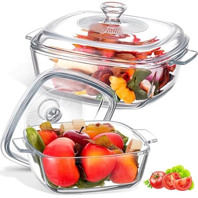 rayihni 2 Pieces Glass Casserole Dish With Lid Baking Casserole Dish Covered Cookware Microwave Bowls With Handle For Kitchen Restaurant Home Party Cooking Oven Safe Square 08L 15L - Image 1