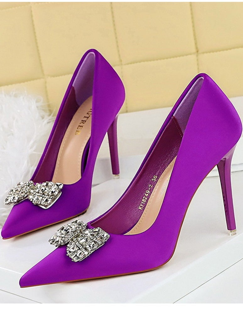 BIGTREE Women's Satin Closed Pointed Toe Stiletto Pump Rhinestone Bowknot Decoration High Heels Purple 10.5 CM 