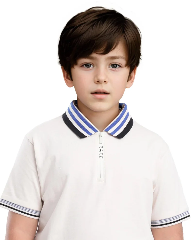 Rare Ones Rare Ones Kids Zyto Off White Cotton Half Sleeves Contrasting Regular Collar Zipper Closure Solid Polo