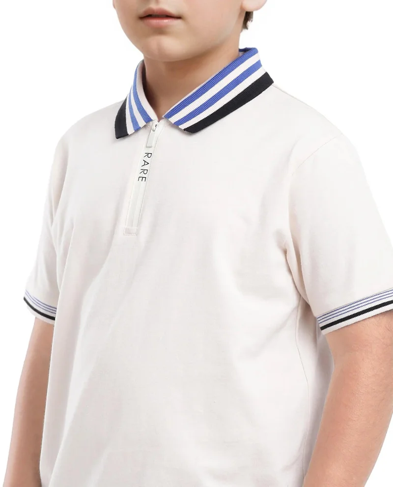 Rare Ones Rare Ones Kids Zyto Off White Cotton Half Sleeves Contrasting Regular Collar Zipper Closure Solid Polo