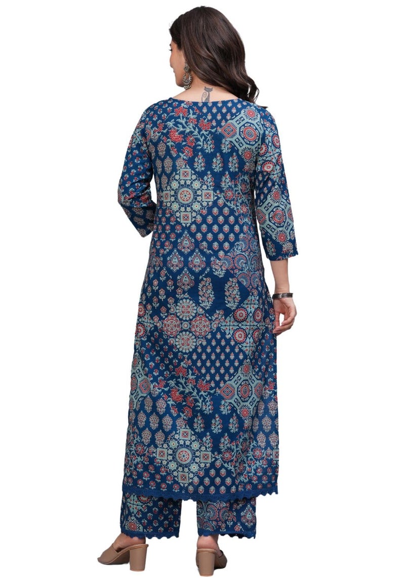 rytras Women's Pure Cotton Printed Straight Kurta Set with Palazzo Pants - Ethnic Wear, Blue(RYT618-New,M) - Image 2