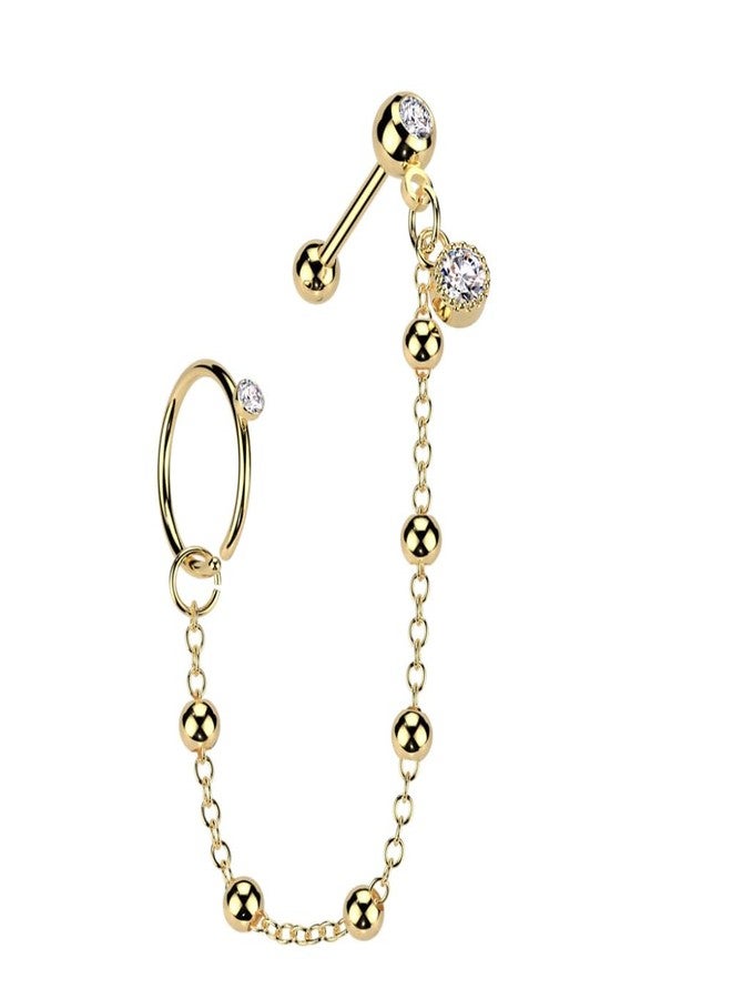 Pierced Owl 18GA 316L Stainless Steel CZ Crystal Hoop and Barbell with Connecting Ball Chain (Gold Tone) - Image 1