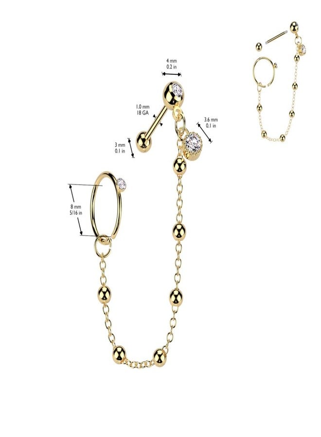 Pierced Owl 18GA 316L Stainless Steel CZ Crystal Hoop and Barbell with Connecting Ball Chain (Gold Tone) - Image 2