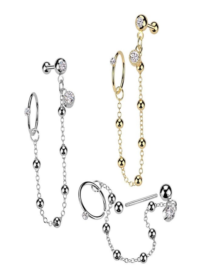 Pierced Owl 18GA 316L Stainless Steel CZ Crystal Hoop and Barbell with Connecting Ball Chain (Gold Tone) - Image 3