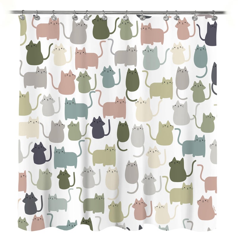 Sunlit Design Lovely Sage Green Cartoon Cats Fabric Shower Curtain  Cute Cats Bathroom Decoration Curtains for Baby Kids Children  71x71 - Image 1