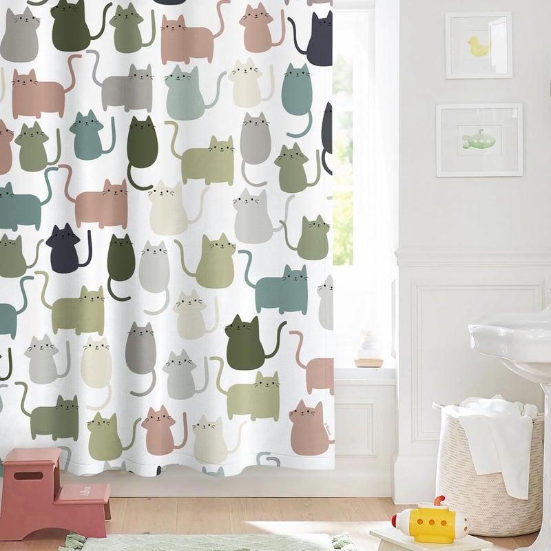 Sunlit Design Lovely Sage Green Cartoon Cats Fabric Shower Curtain  Cute Cats Bathroom Decoration Curtains for Baby Kids Children  71x71 - Image 2