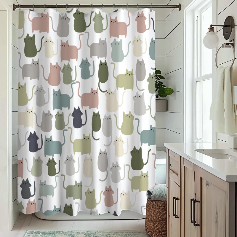 Sunlit Design Lovely Sage Green Cartoon Cats Fabric Shower Curtain  Cute Cats Bathroom Decoration Curtains for Baby Kids Children  71x71 - Image 3