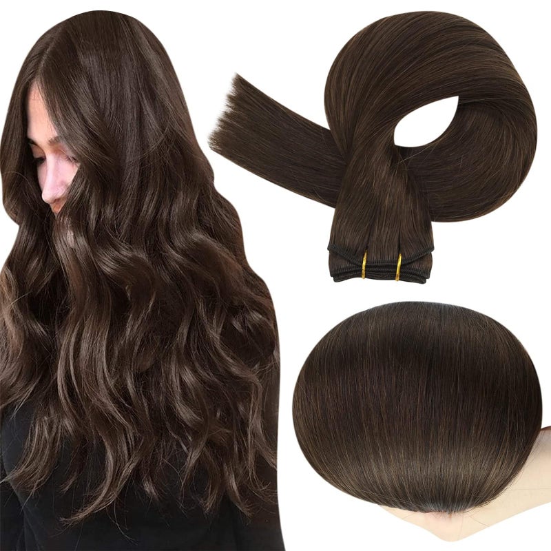 Full Shine Hair Extensions Weft Human Hair Brown Sew In Real Hair Extensions Color 2 Dark Brown Weft Extensions Real Human Hair Bundles For Women 105G 20 Inch - Image 1