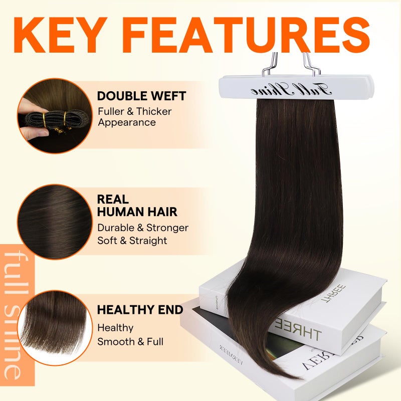 Full Shine Hair Extensions Weft Human Hair Brown Sew In Real Hair Extensions Color 2 Dark Brown Weft Extensions Real Human Hair Bundles For Women 105G 20 Inch - Image 2