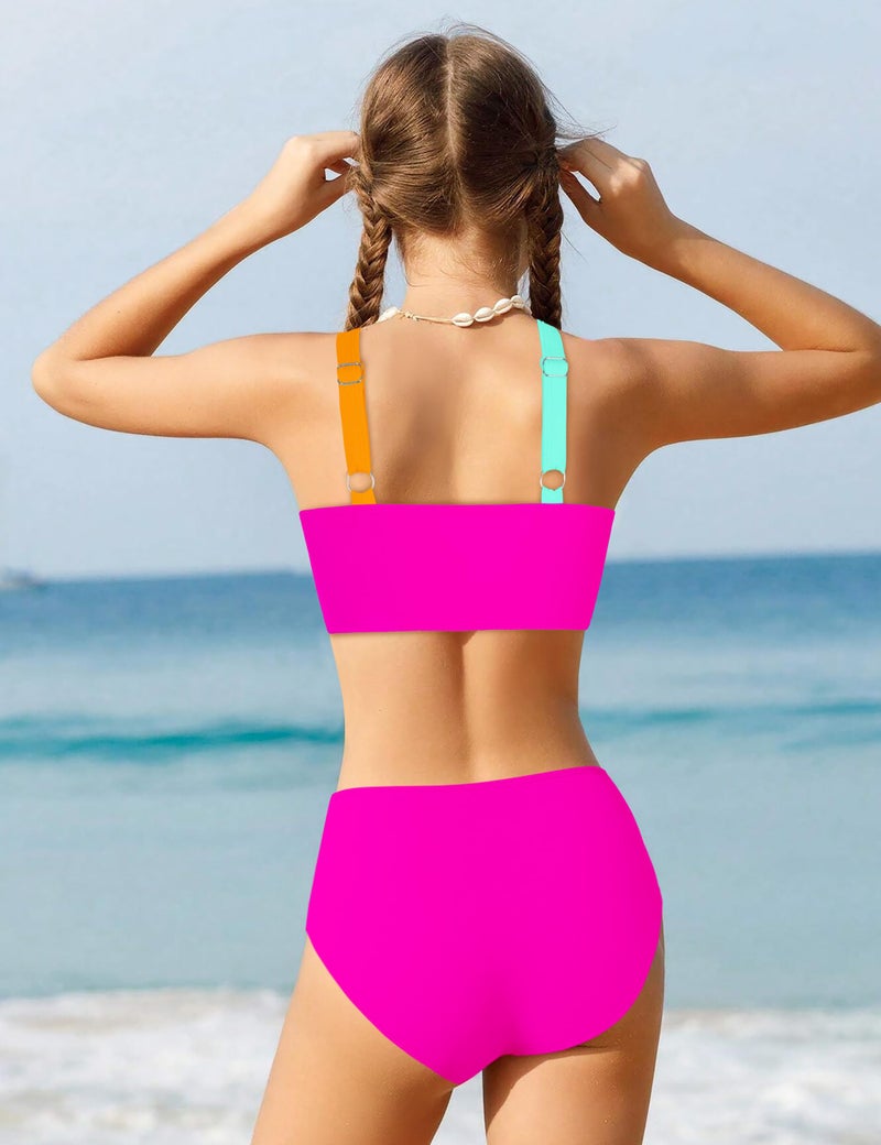 Dearnow Girls Swimsuits Size 8 10 Bathing Suits Size 8-10 Kids Two Piece Bikini Set Criss Cross Strap Color-Blocking Girls' Swimwear Pink 9-10 Years - Image 4